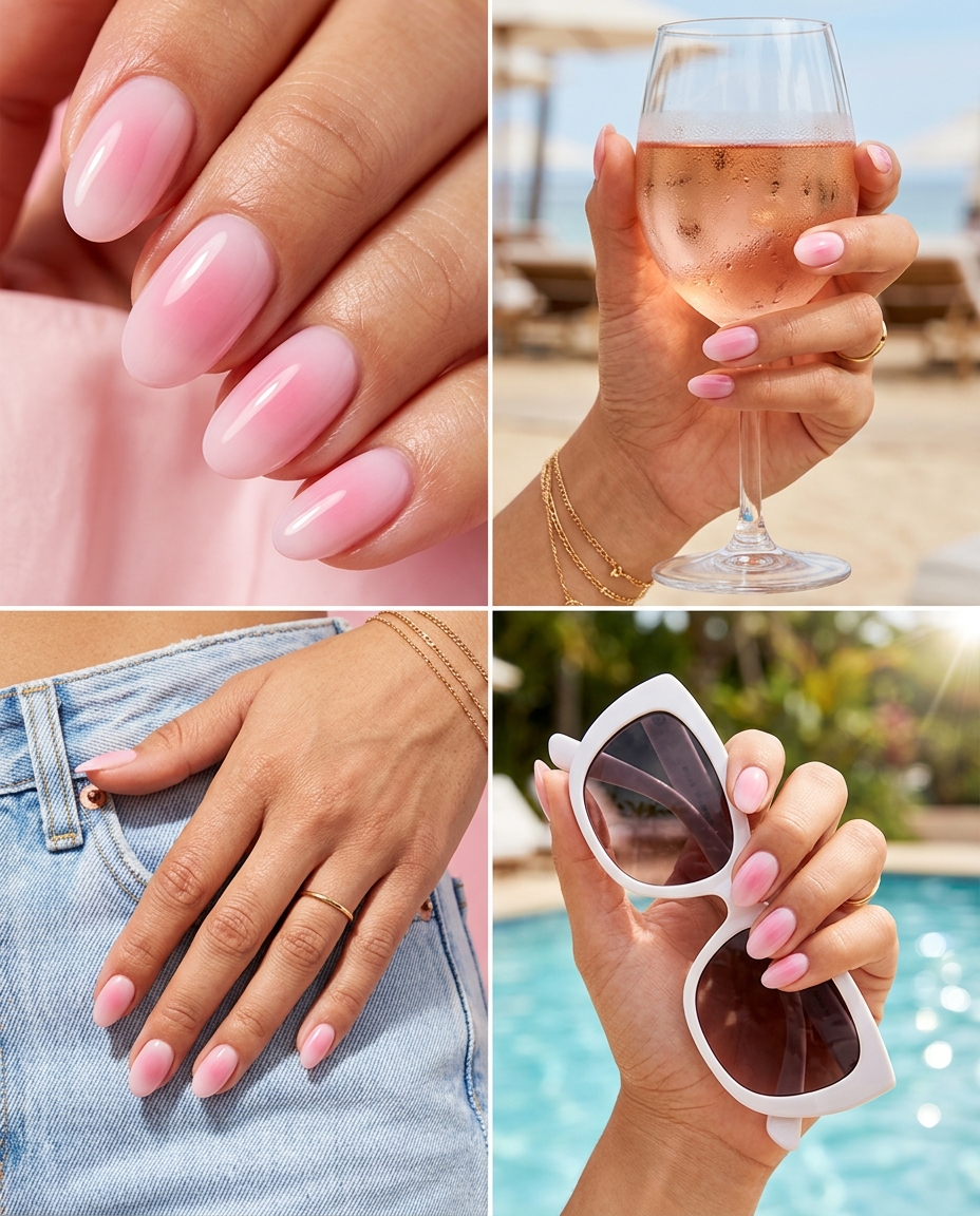Trending Summer Nails 2026: Sheer Pink Aura Dream Sheer Pink Aura Dream nails for weddings 2026: romantic ethereal soft gradient.