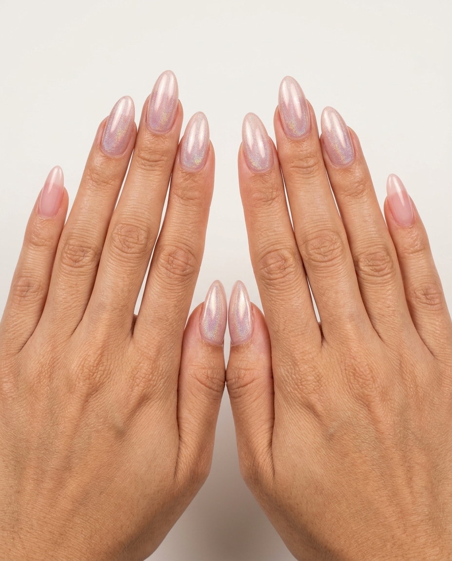 Sheer Pink Chrome Nails 2026: Ethereal Summer Style Sheer pink nail bed chrome for trending summer nails 2026, perfect for date night or weddings.