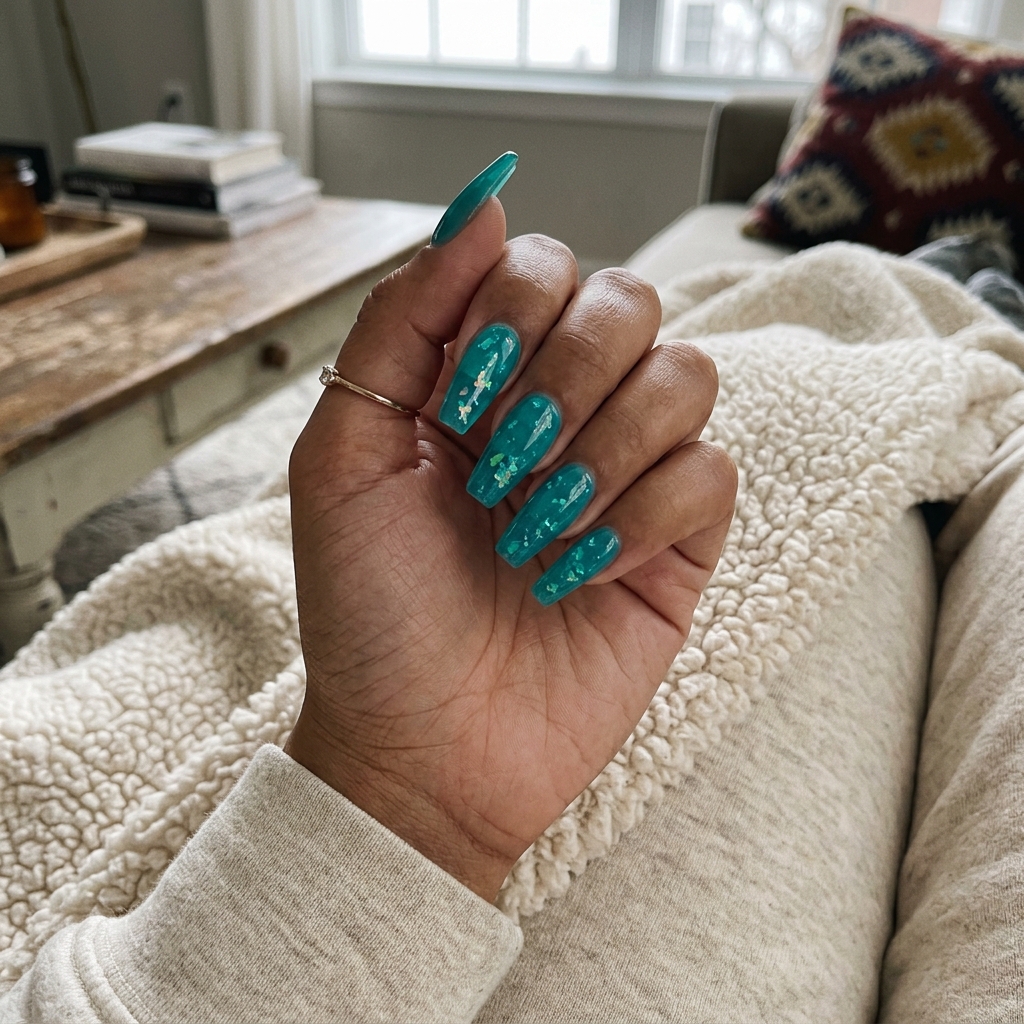 Teal jelly foil flake fiesta for trending summer nails 2026, perfect for festivals and parties.