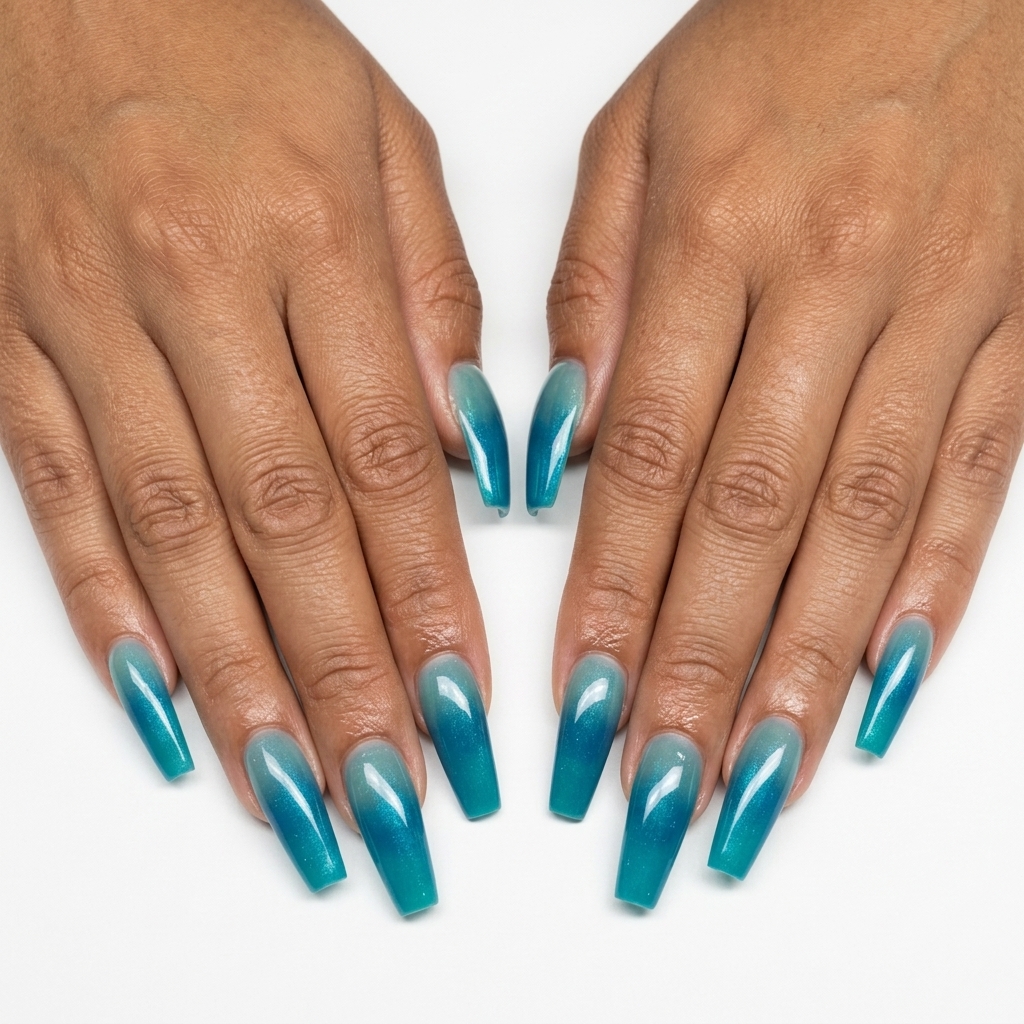 Trending Summer Nails 2026: Teal Jelly Ombre Dream Teal Jelly Ombre Dream nails for vacation 2026: vibrant teal fading with shimmer.