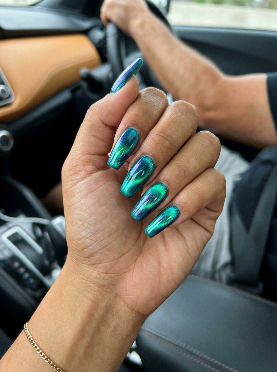 Vibrant Teal Cat-Eye Nails 2026: Glamorous Summer Style Vibrant teal cat-eye for trending summer nails 2026, perfect for parties and nights out.
