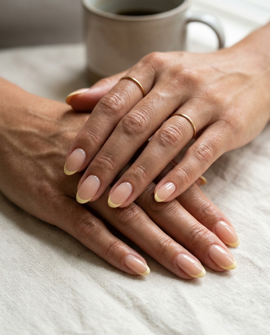 Butter Yellow Micro French Nails 2026 Trendy summer nails 2026: Butter Yellow Micro French tips on sheer nude base for chic daily and work outfits.