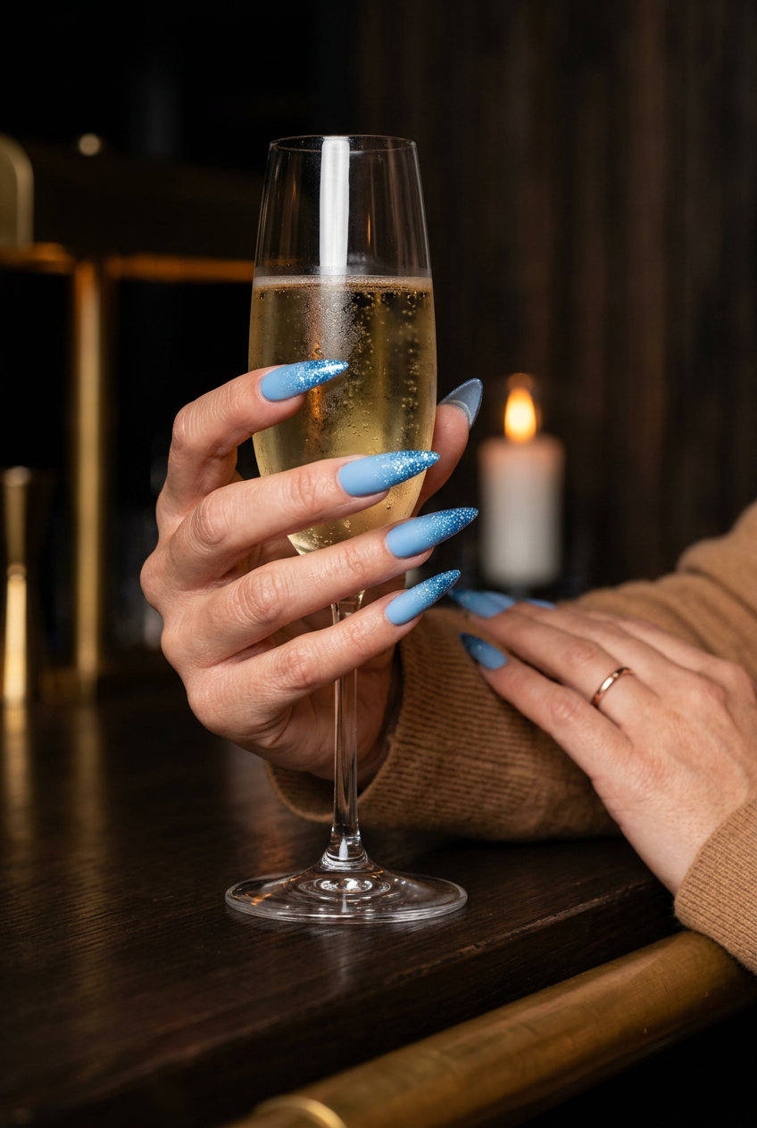 Celestial Glitter Gradient Nails 2026 | Glam Night Out Matte sky blue glitter gradient stiletto nails for a glamorous night out. Trendy summer nails 2026.