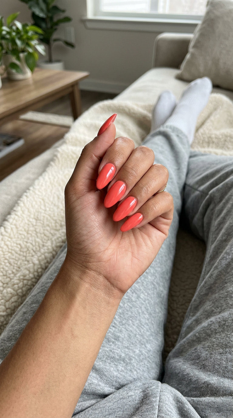 Coral Impact Gloss Nails 2026 Trendy summer nails 2026: Vibrant Coral Impact Gloss for glamorous party and festival outfits.