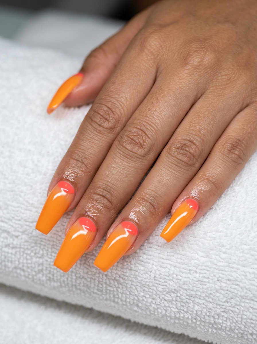 Coral Moon Reverse French Nails 2026 Coral Moon Reverse French nails for trendy summer nails 2026. Sultry, playful date night style with coral half-moon.