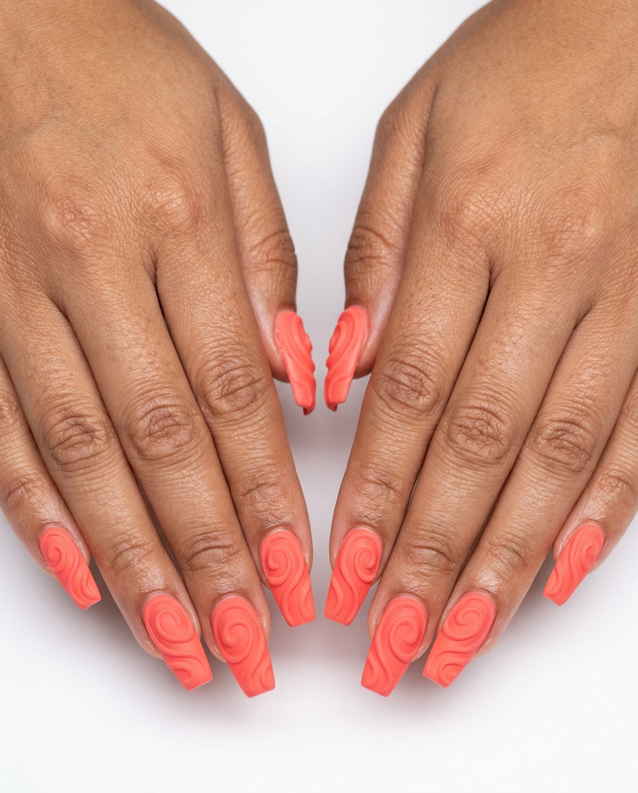 Coral Texture Swirl Nails 2026 Coral Texture Swirl nails for trendy summer nails 2026. Bold, artistic, and edgy festival style with raised 3D swirls.