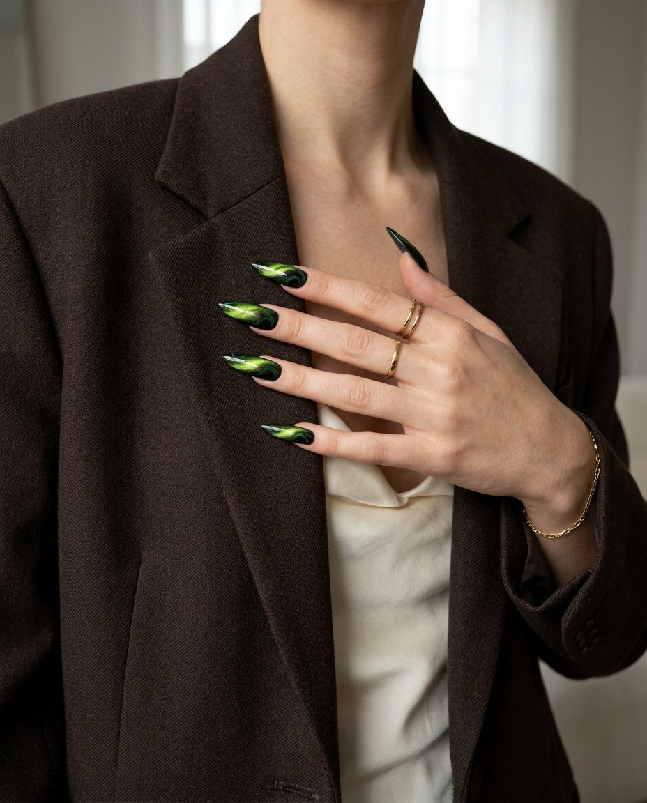 Lime Cat-Eye Swirl Nails 2026 Enchanted Lime Cat-Eye Swirls nails for trendy summer nails 2026. Edgy, mysterious party style with magnetic shift.