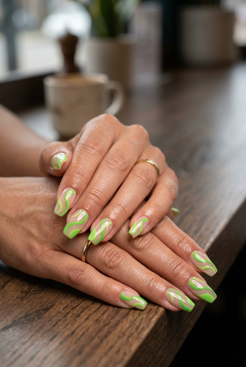 trendy summer nails 2026 - Lime Green Abstract Swirls outfit idea