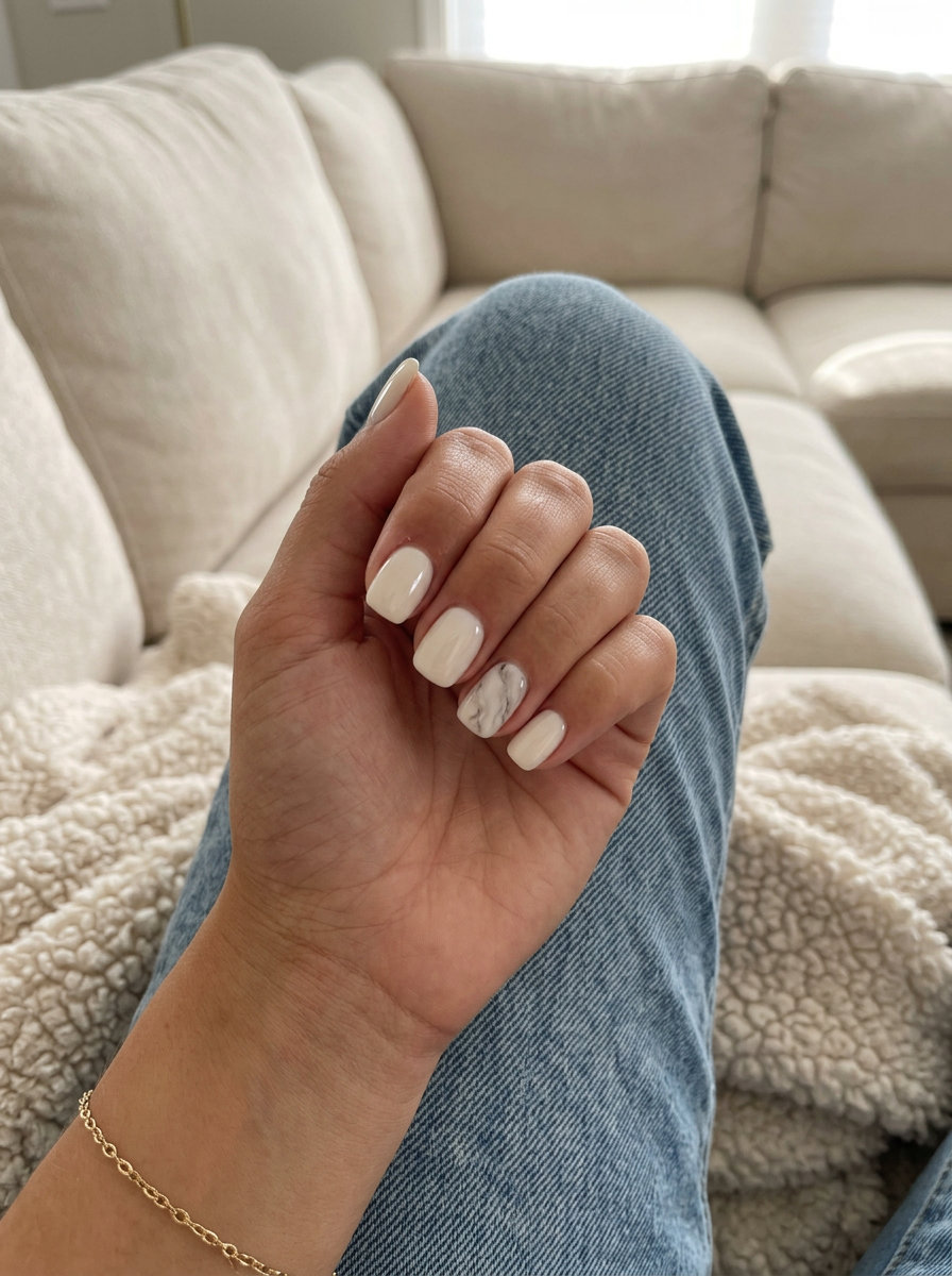 Milky White Marble Accent Nails 2026 | Elegant Event Milky white nails with a subtle grey marble accent for an elegant look. Trendy summer nails 2026.