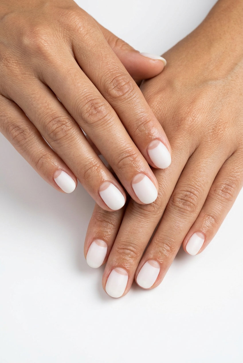 Milky White Reverse French Nails 2026 Modern Milky White Reverse French nails for trendy summer nails 2026. Clean-girl style, opaque white with sheer nude tips.