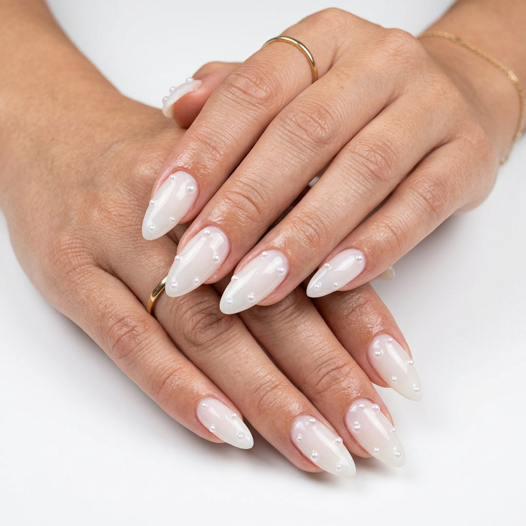 Pearl Dewdrop Romance Nails 2026 | Romantic Elegance Sheer milky white nails with pearl accents for a romantic wedding guest look. Trendy summer nails 2026.