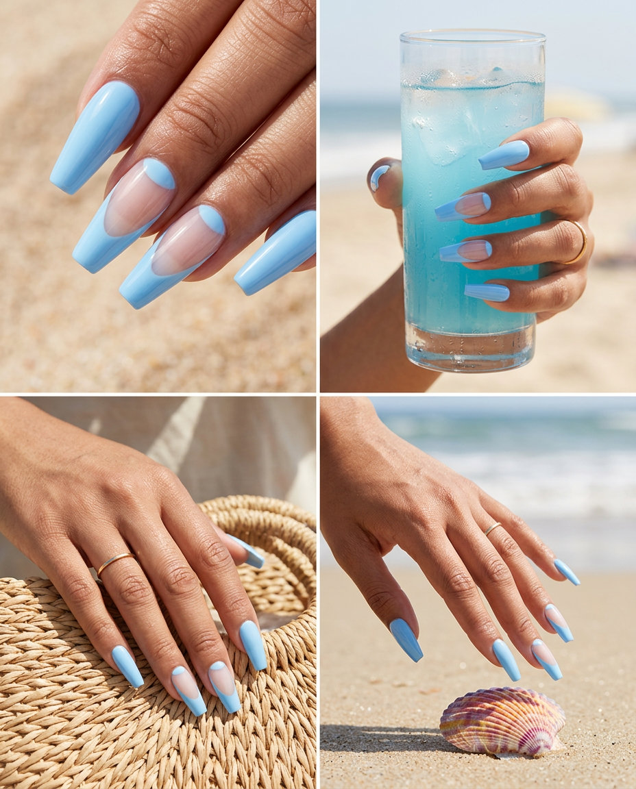 Sky Blue Negative Space French Nails 2026 Trendy summer nails 2026: Sky Blue Negative Space French for edgy festival and creative event outfits.