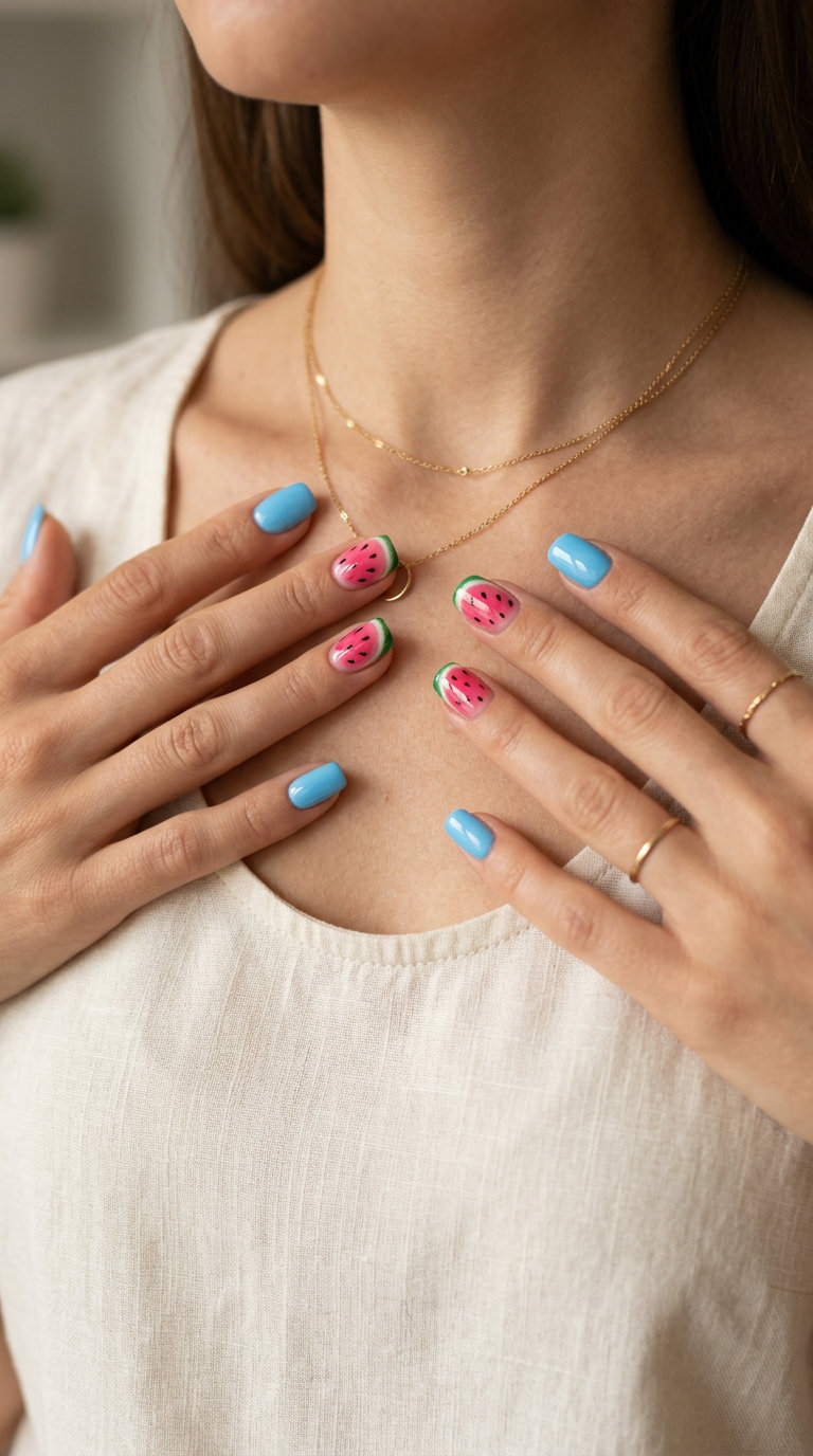 Watermelon Slice Accent Nails 2026 Sky Blue Watermelon Slice Accents nails for trendy summer nails 2026. Playful, whimsical vacation style with fruit art.