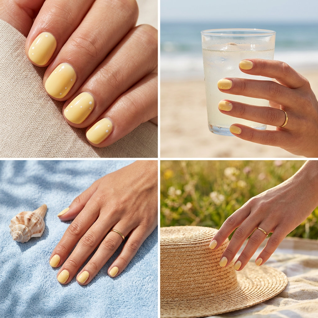 Sunny Aura Butter Yellow Nails 2026 Trendy summer nails 2026: Sunny Aura Butter Yellow with white dots for cheerful casual weekend outfits.