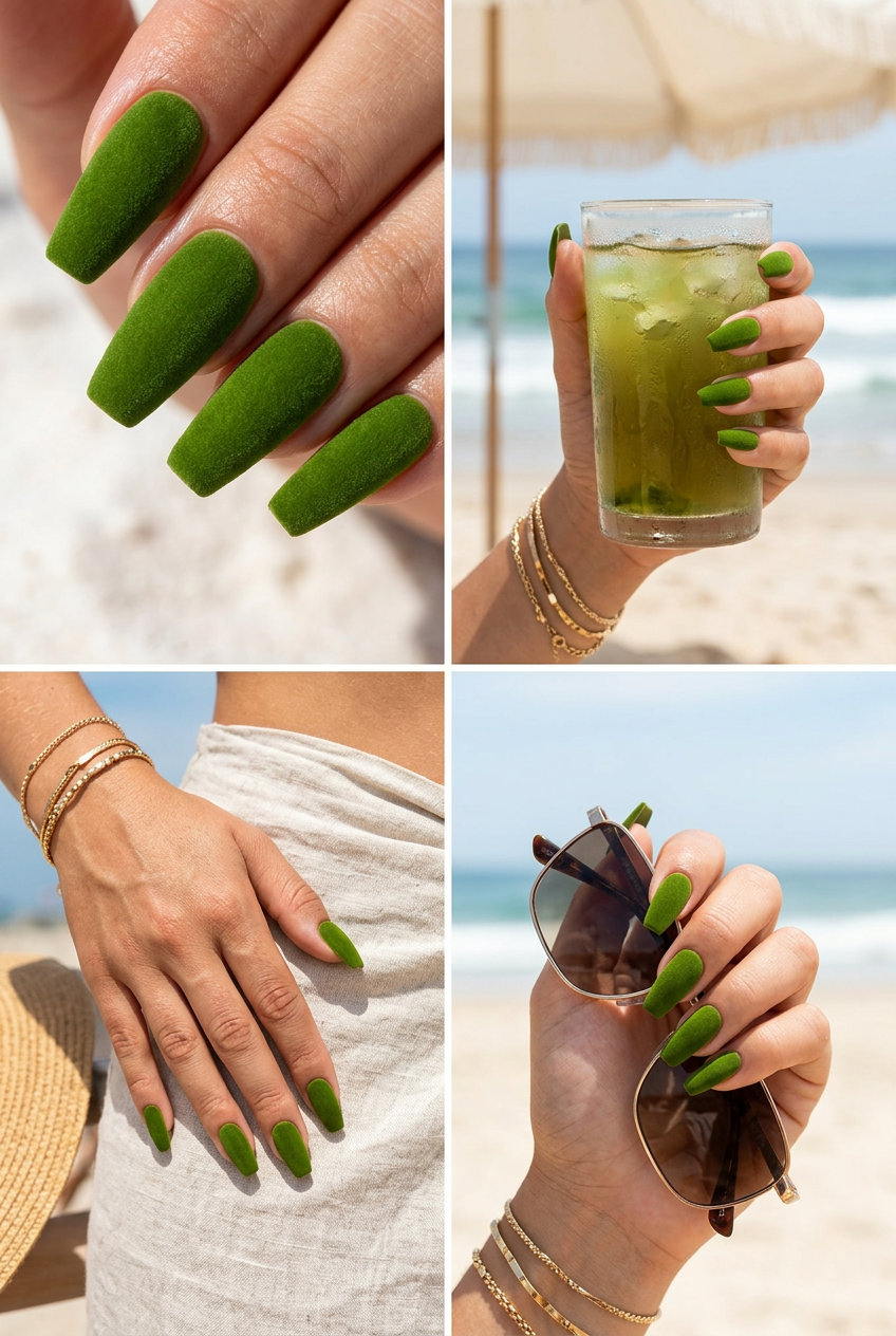 Velvet Lime Dream Nails 2026 | Date Night Glam Velvet lime green matte nails for a sultry date night outfit. Trendy summer nails 2026.