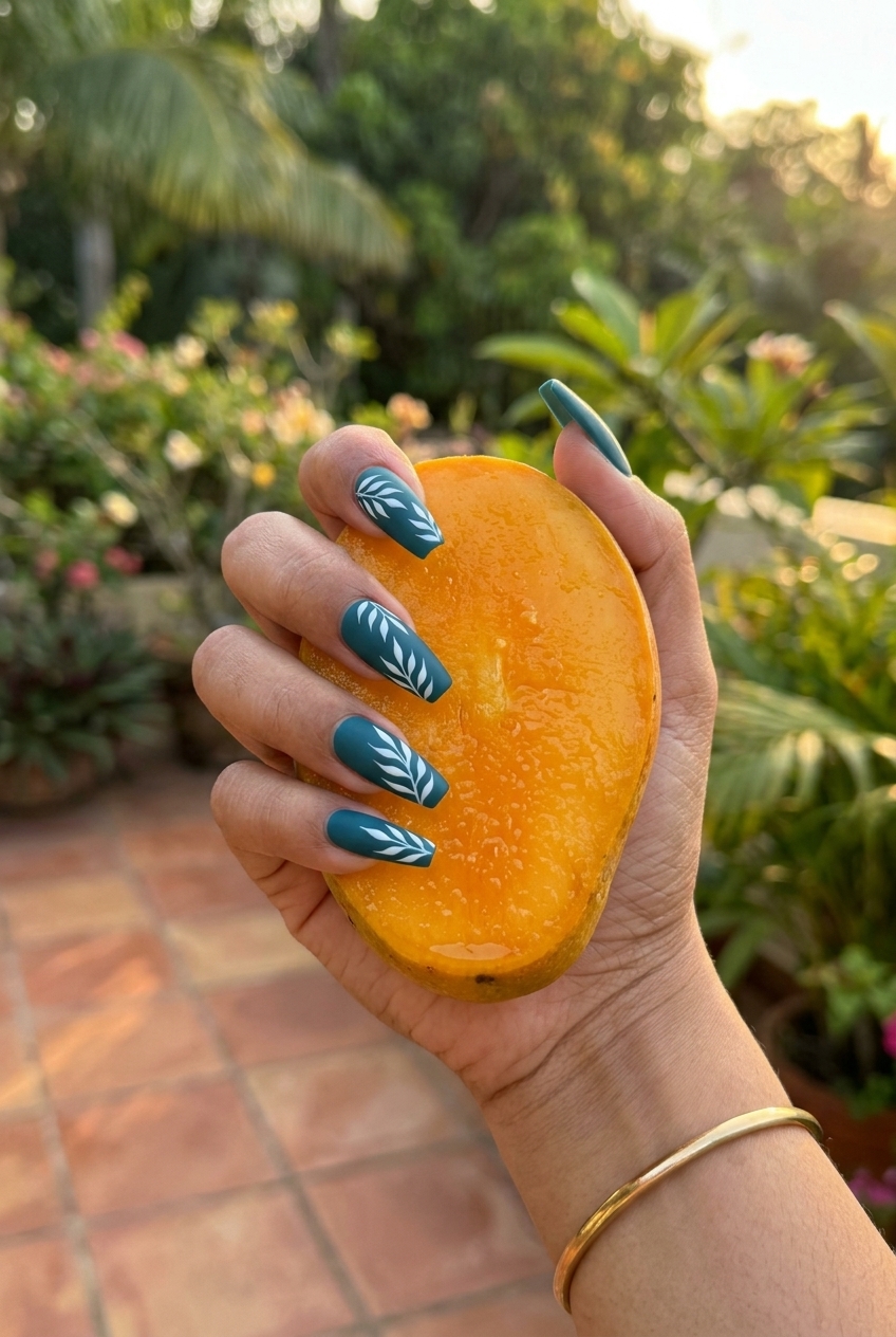 Tropical nail designs 2026: Modern teal & white abstract leaves on square nails for sophisticated evenings.