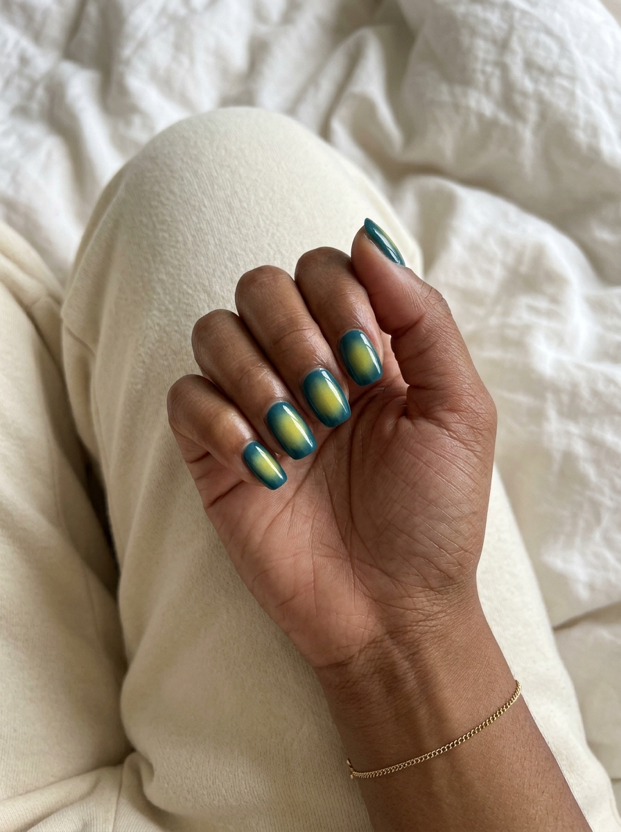 Tropical nail designs 2026: Teal & yellow aura squoval nails for parties and festivals. Futuristic and vibrant.