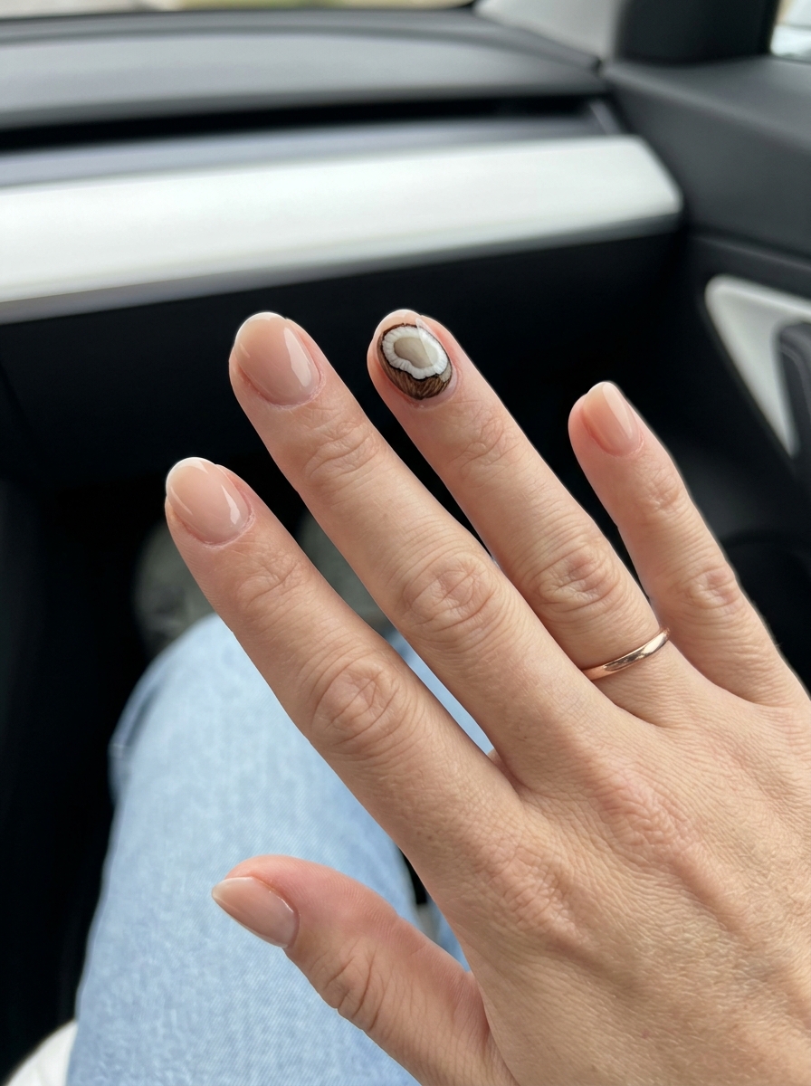 Tropical nail designs 2026: Whimsical coconut slice accent on natural nude squoval nails for vacation.