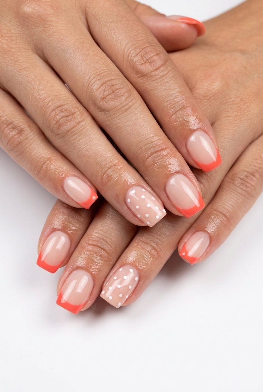 Tropical nail designs 2026: Vivid coral French tips with white dots on short squoval nails for summer fun.