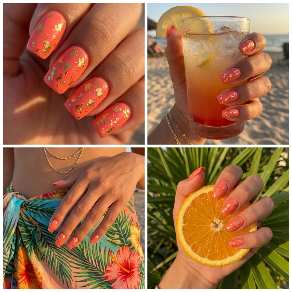 Golden Hour Coral & Gold Foil almond nails for date nights 2026.