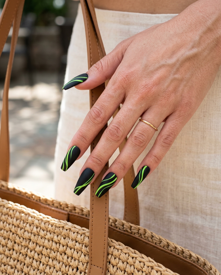 Lime Green Abstract Lines Coffin nails for tropical nail designs 2026, perfect for parties and night outs.