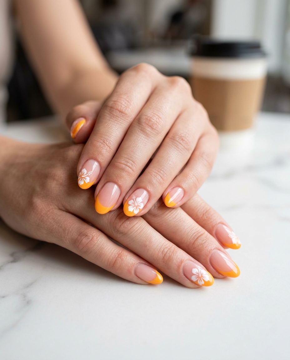 Mango Orange Hibiscus French Tip nails for tropical nail designs 2026, elegant for weddings and parties.