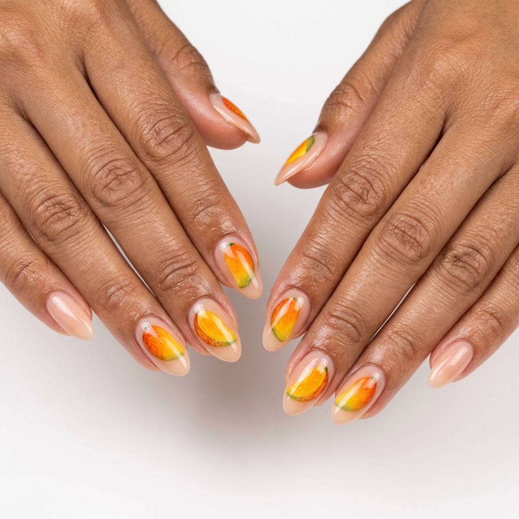 Realistic Mango Slice Reverse French nail art for tropical nail designs 2026, perfect for date night or vacation.