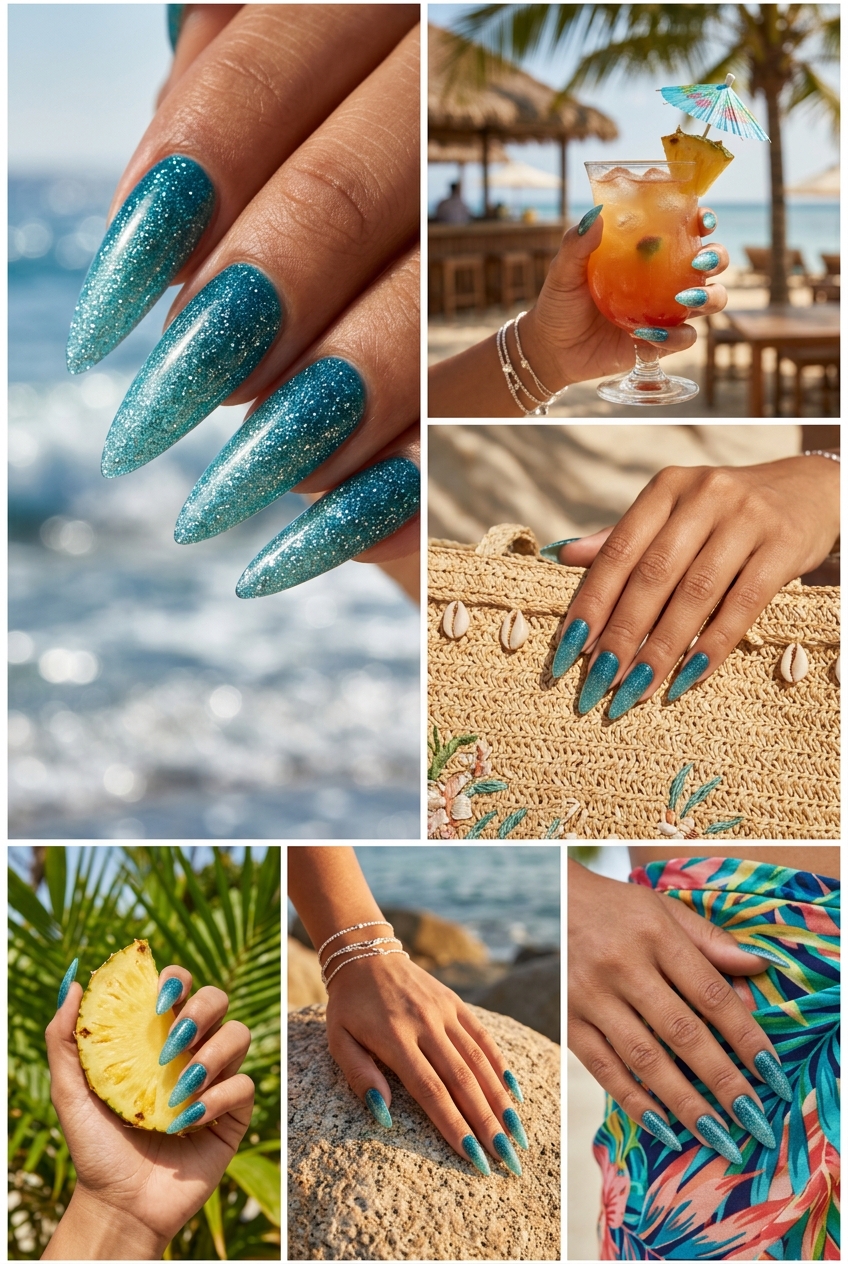 Tropical nail designs 2026: Glamorous mermaid lagoon glitter gradient stiletto nails for parties.