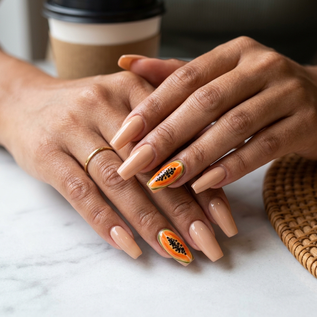 Realistic Papaya Slice cowgirl nails in nude and orange for festivals 2026.