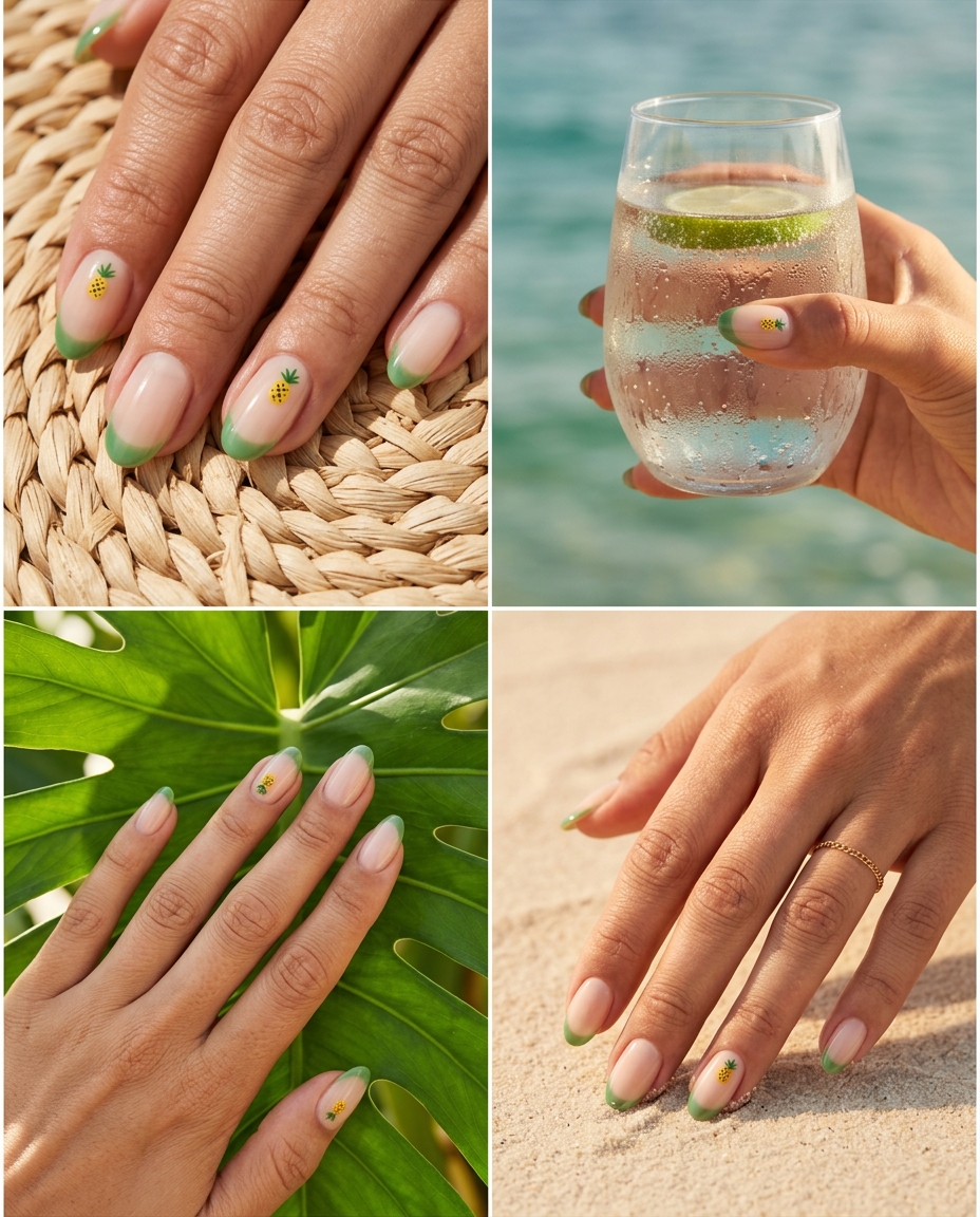 Tropical nail designs 2026: Minimalist sheer green French tips with tiny yellow pineapple icons for work.