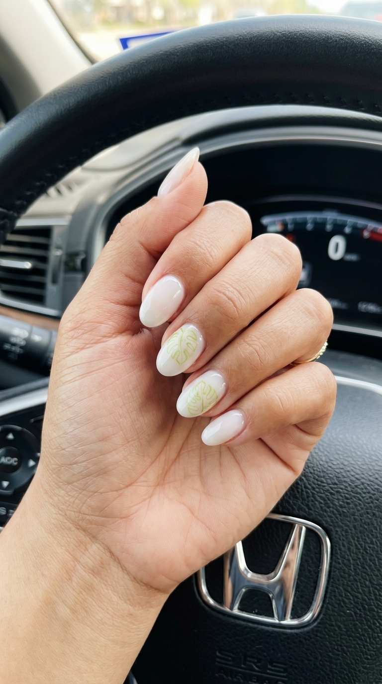 Sheer Green Monstera Leaf Oval nails for tropical nail designs 2026, ideal for clean-girl aesthetic.