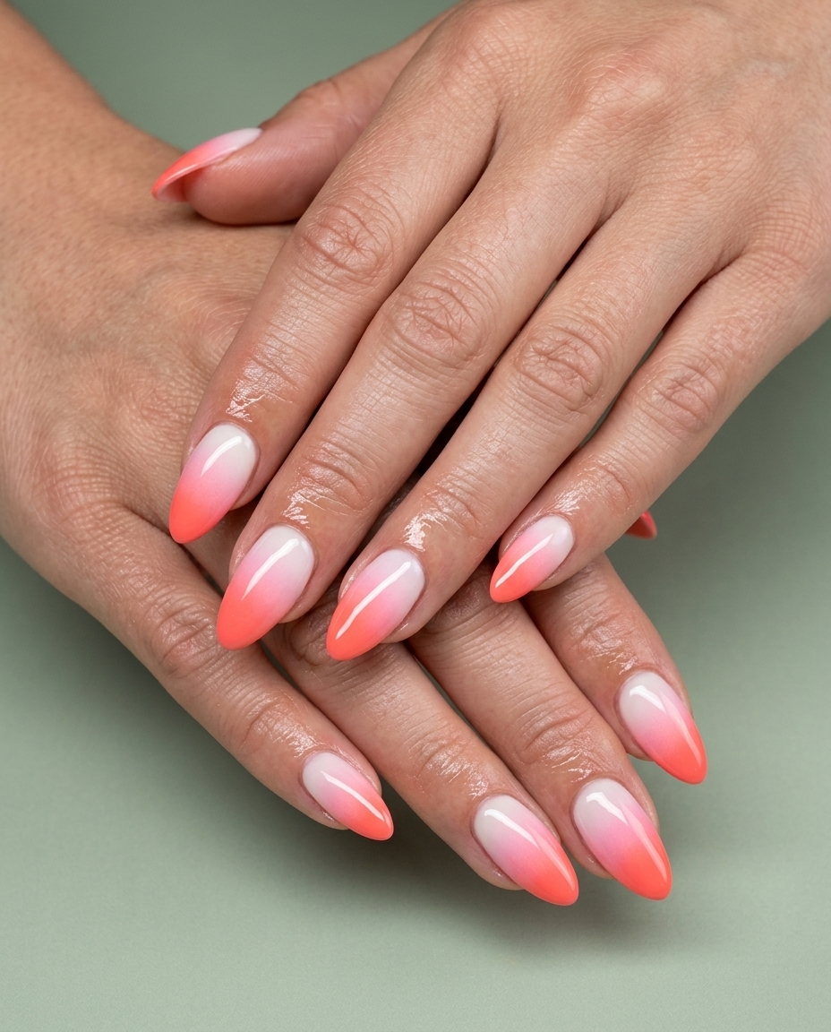 Tropical nail designs 2026: Sunset coral & pink gradient almond nails for vacation and romantic evenings.