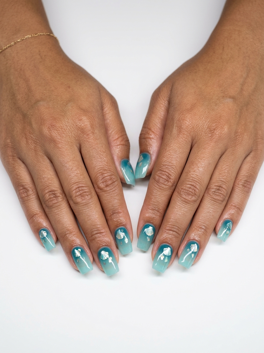 Tropical nail designs 2026: Bohemian teal & aqua gradient with iridescent shell foil flakes for vacation.
