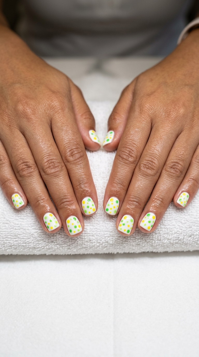 Tropical Confetti Dots Short Squoval nails for tropical nail designs 2026, perfect for summer parties.