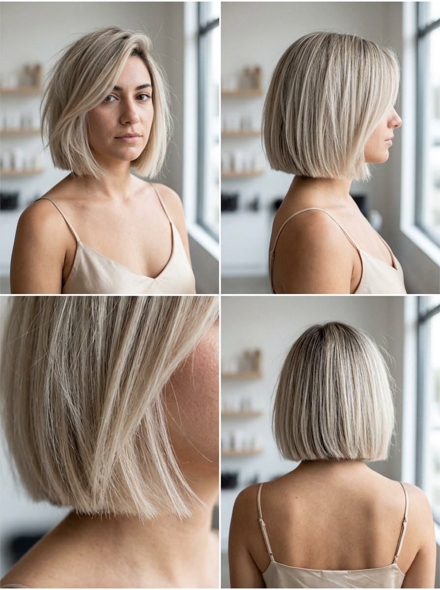 chin-length blunt bob haircut with cool vanilla blonde & ash tones, deep side part flip for round face