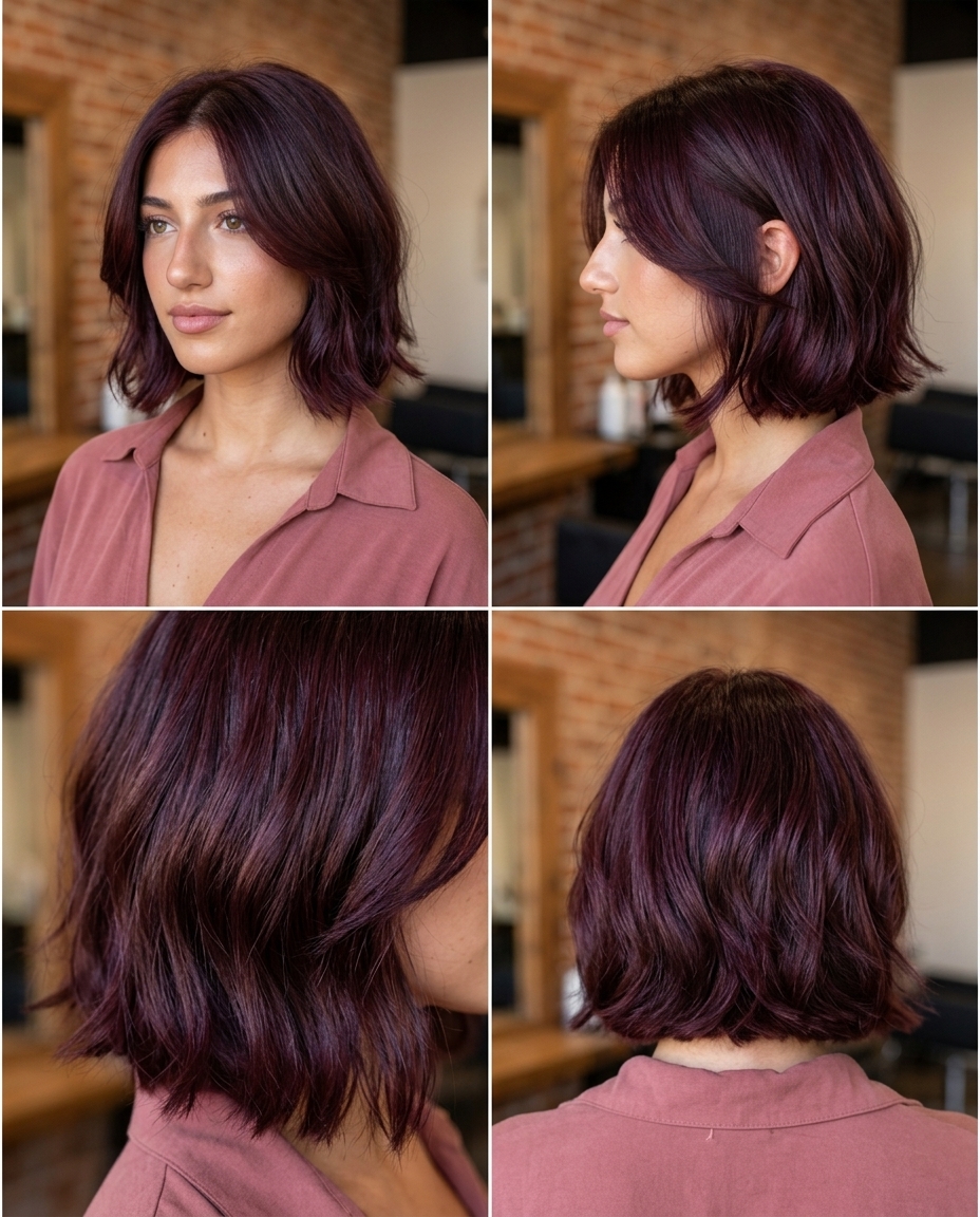 short violet-red italian bob with deep burgundy hue, internal layering, no fringe — romantic date night