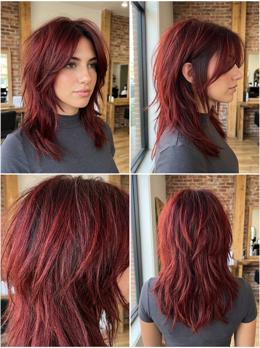 shoulder-length shag haircut in volcanic red with razor-cut layers and face-framing wisps for summer festival