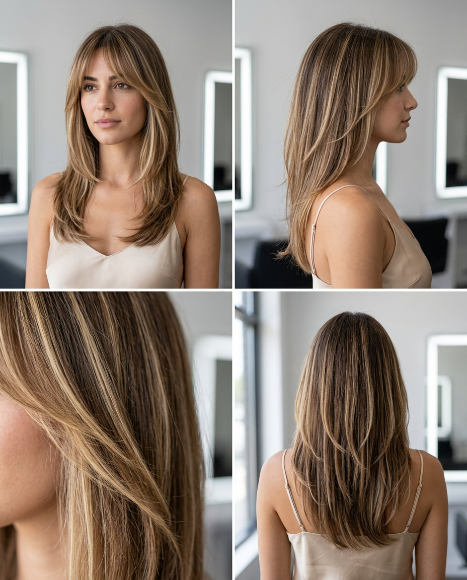 Warm Buttercream Blonde Long Layers with Bangs 2026 long layered warm blonde hair with face-framing balayage and curtain bangs for summer