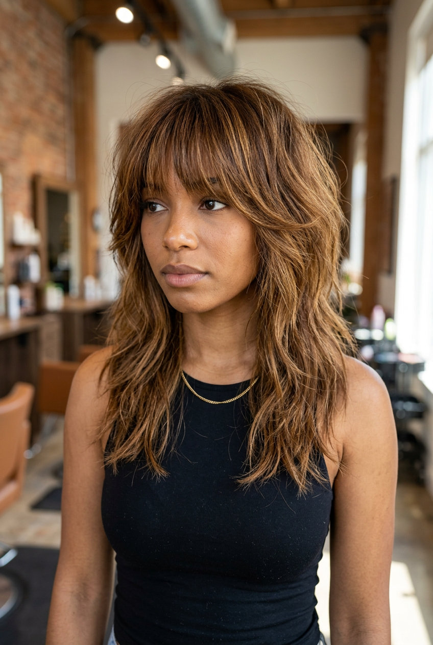 medium-length shag with warm brown golden-amber babylights, choppy layers and feathered bangs — bold playful retro