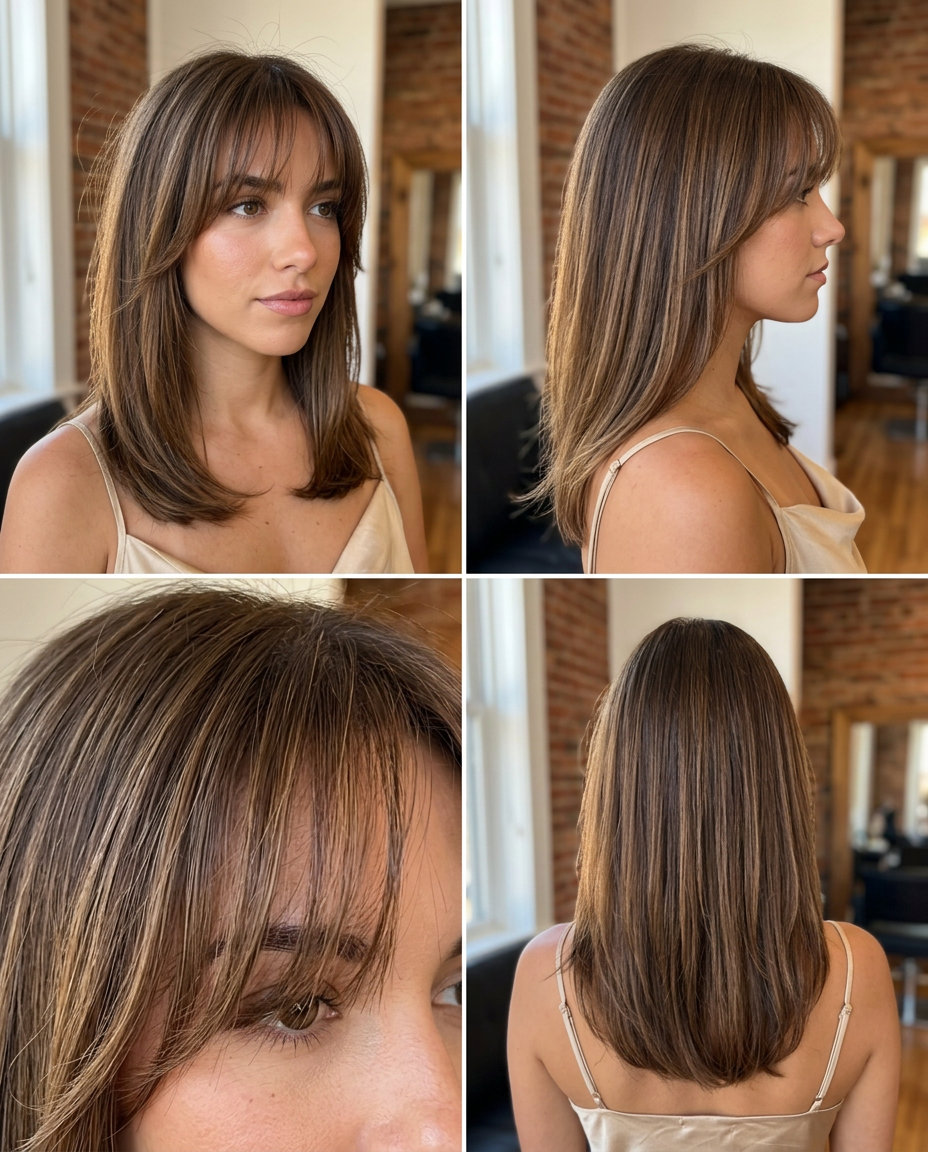 long haircut with warm brunette color, sun-kissed babylights, wispy fringe — French chic summer style