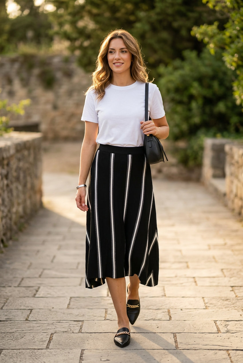 Chic Monochrome Stripes: Black & white asymmetric skirt, crew neck tee, mules for smart casual.