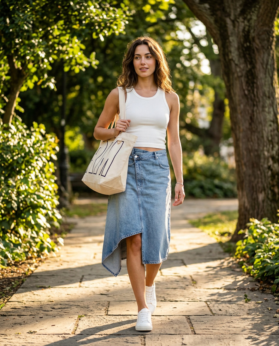 What to Wear with Asymmetric Skirt Summer 2026: Casual denim asymmetric skirt, white tank, and sneakers for weekend errands.