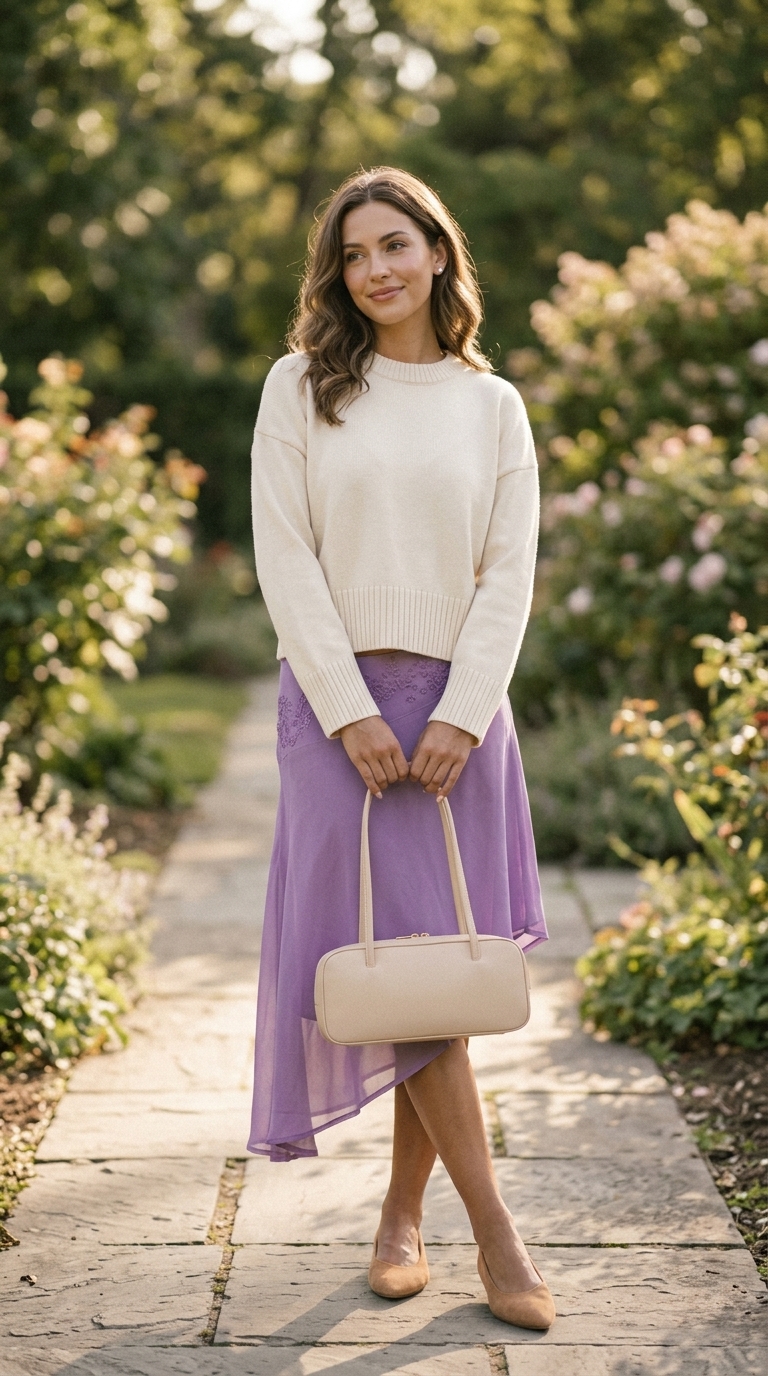 What to Wear with Asymmetric Skirt Summer 2026: Soft pastel asymmetric skirt, knit sweater, and ballet flats for brunch.