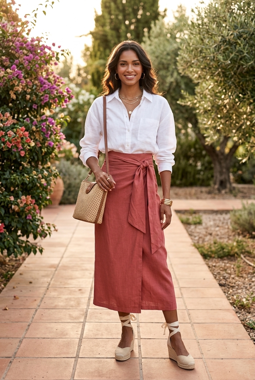 Coral asymmetric skirt outfit for summer 2026: linen shirt, espadrilles, straw bag. Perfect for resort wear.