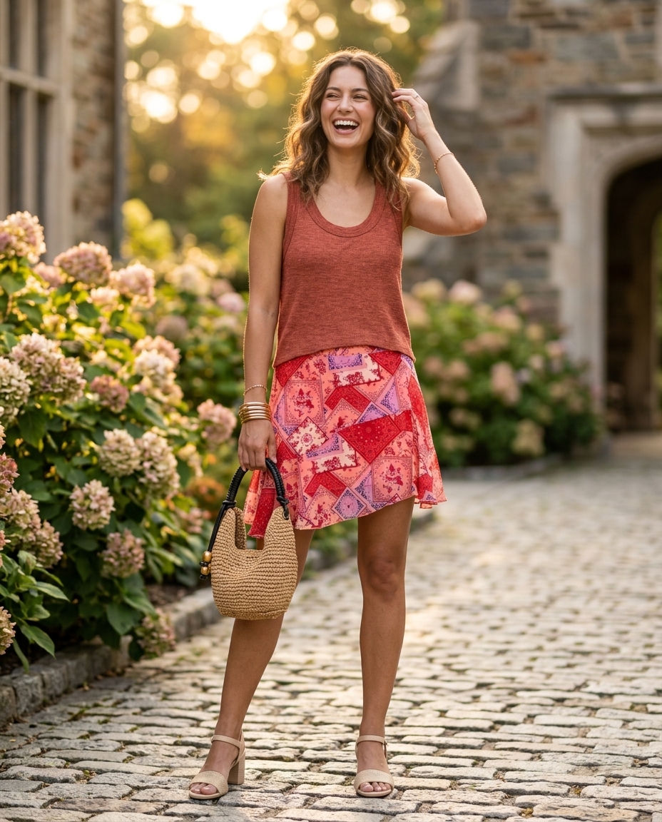 Sunset floral asymmetric mini skirt outfit for summer 2026: ribbed tank, block heels, woven bag. Playful boho style.