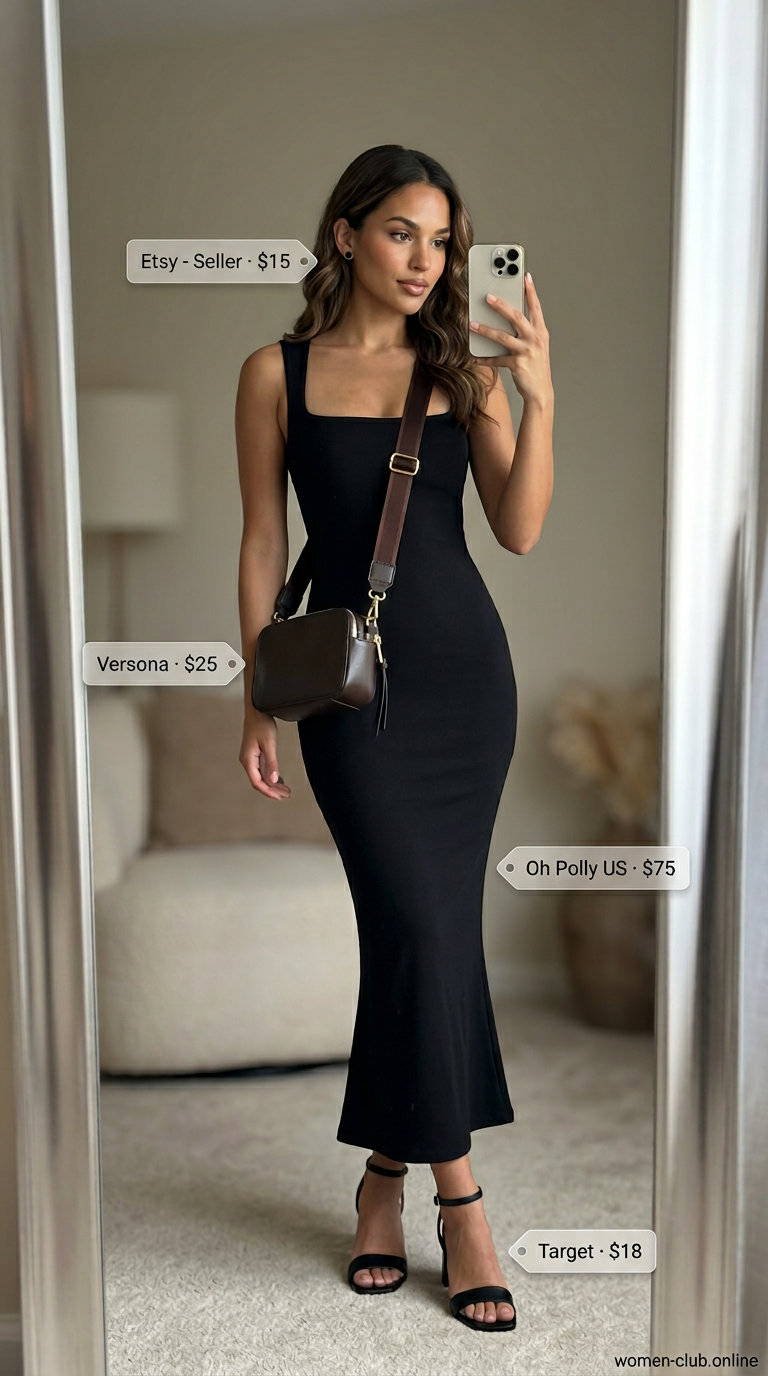 Bold multi-color print bodycon dress with black block heels for a fashionable summer brunch. What to wear with bodycon dress summer 2026.