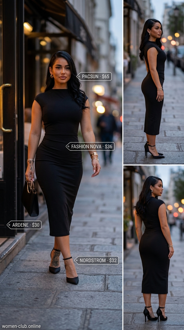 Emerald green bodycon dress for an elegant summer evening event with black heels and gold hoop earrings.