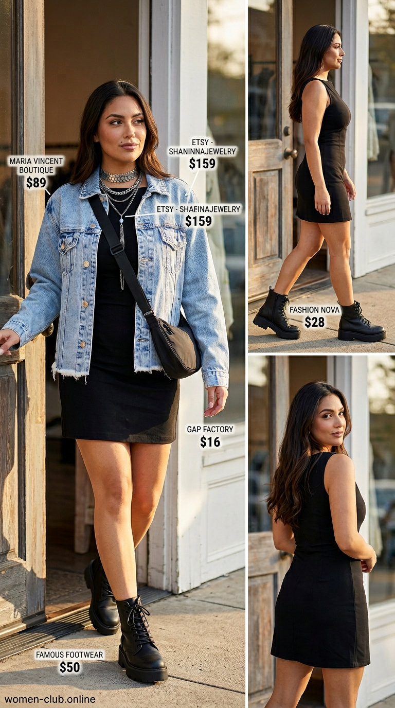 Leopard print bodycon dress with denim jacket, combat boots & crossbody bag for festival outfits 2026.