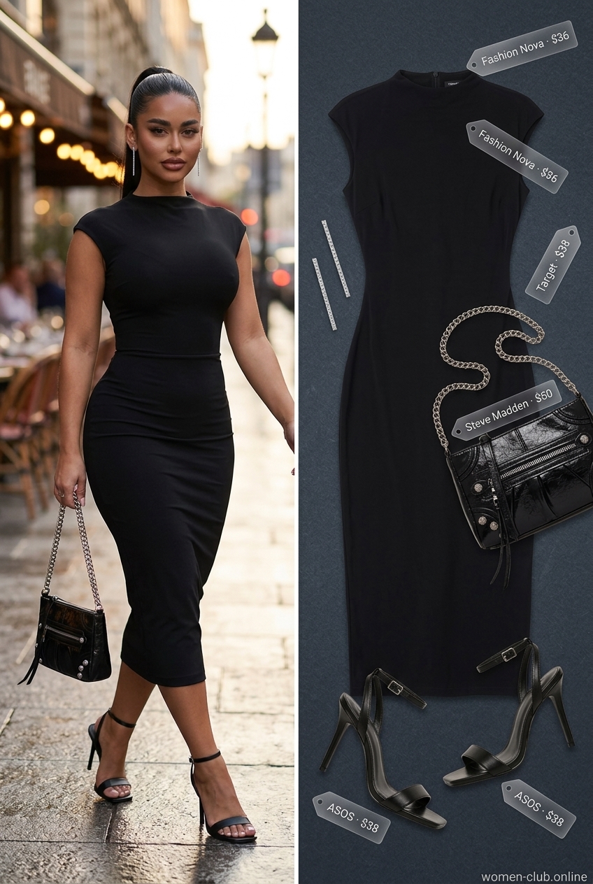 Silver metallic bodycon dress for a summer night out with black heels and a mini shoulder bag.