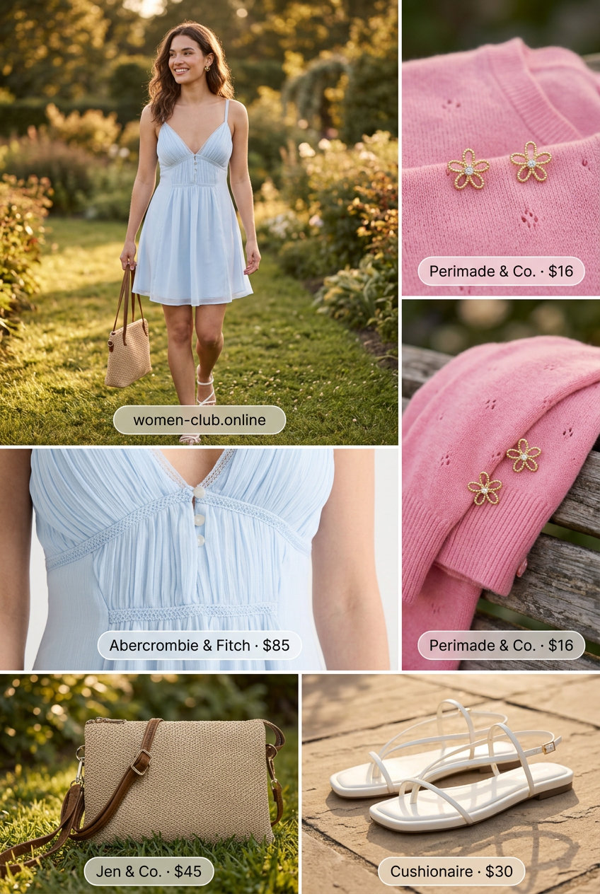 Floral bodycon dress with pink cardigan, white sandals & straw bag for summer romance outfits 2026.